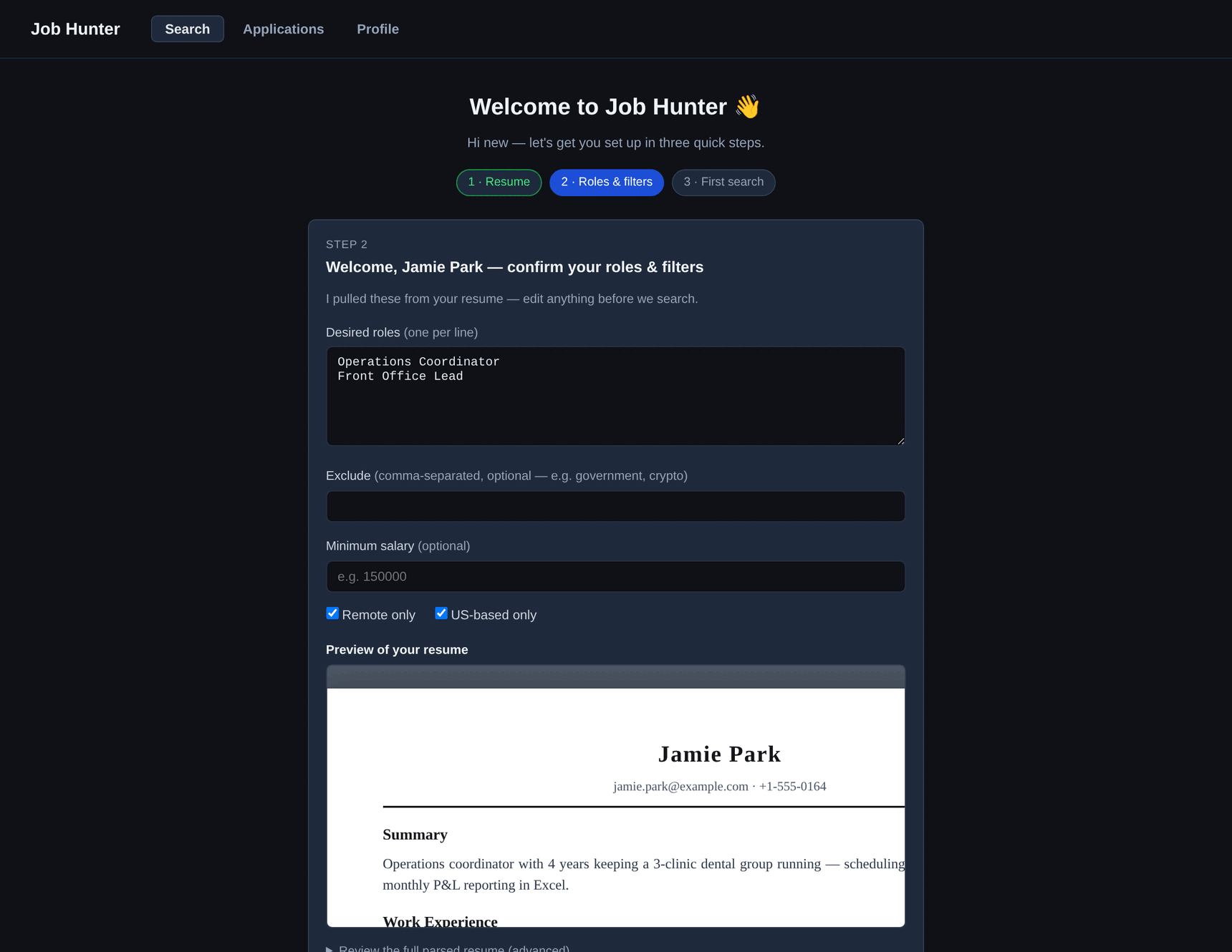 Job Hunter onboarding screen showing role and filter preferences and a generated resume preview for a fixture profile