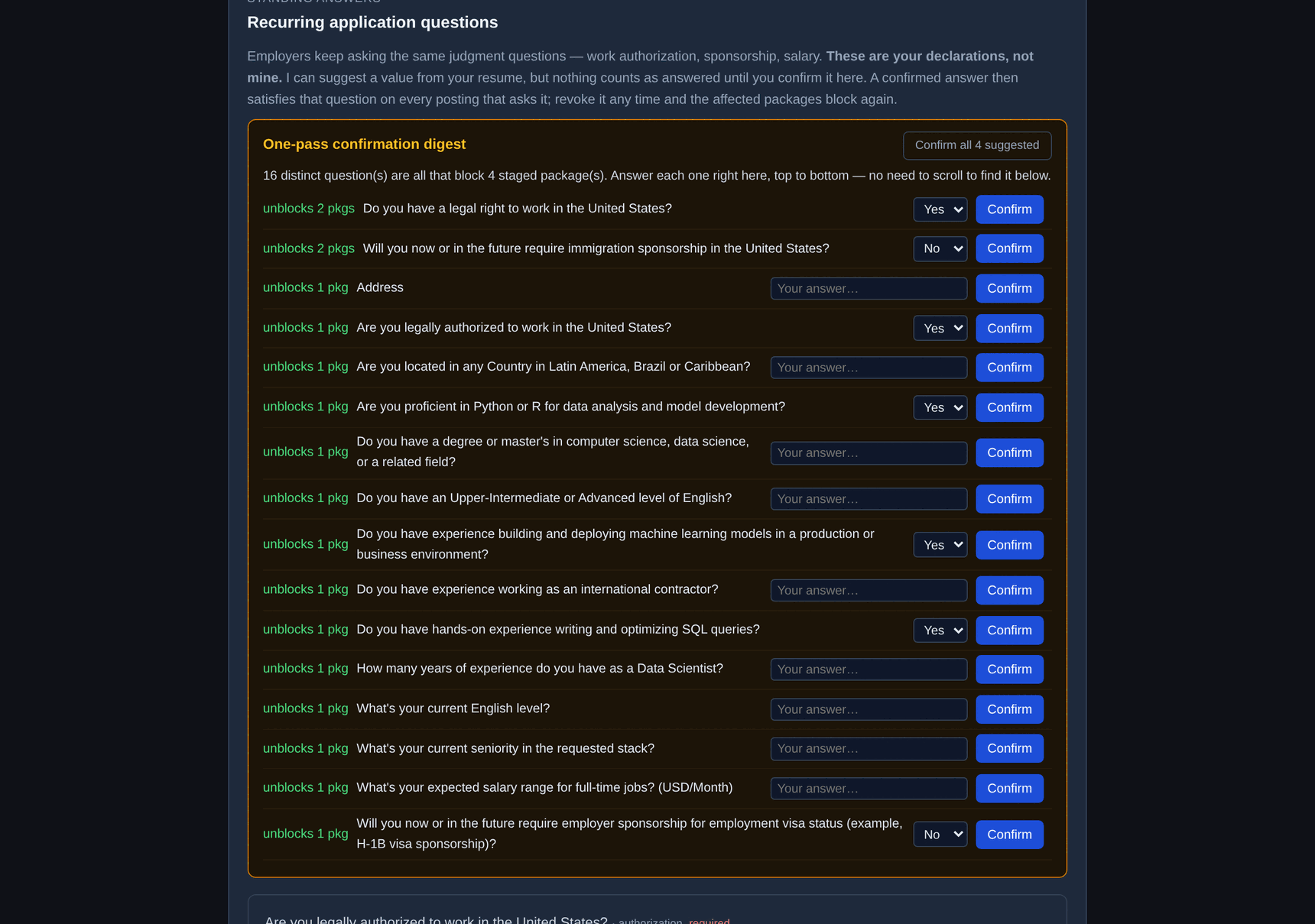 Recurring application questions digest showing a one-pass confirmation flow that resolves multiple staged applications' boilerplate questions in a single pass
